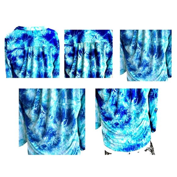 New Directions Tunic Top PM Petite Medium Blue Tie Dye Roll Tab Sleeves … - Picture 8 of 12